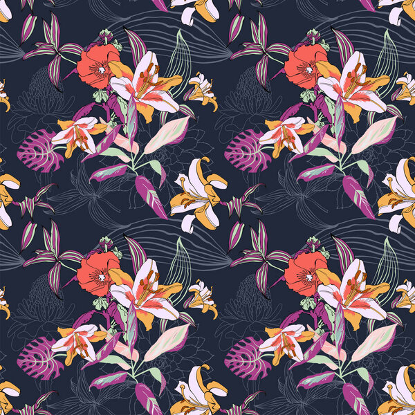 Original trendy seamless artistic flower pattern, beautiful trop Stock Picture