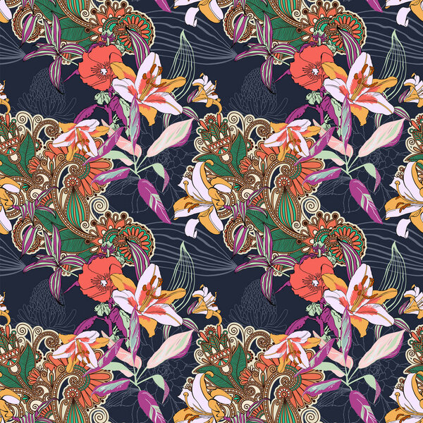 Original trendy seamless artistic flower pattern, beautiful trop Royalty Free Stock Images