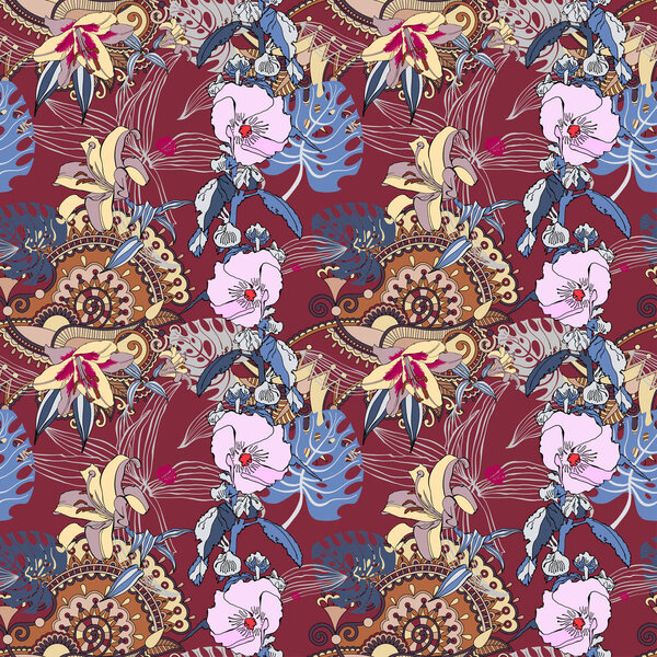 Original trendy seamless artistic flower pattern, beautiful trop Stock Image