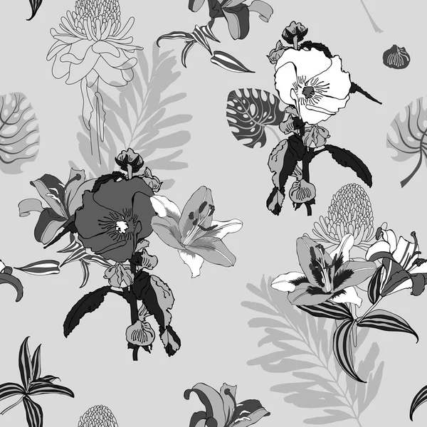 Original patrón de flores artísticas sin costuras de moda, negro y blanco — Vector de stock