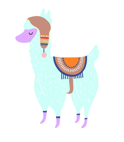Lama drôle isolé sur blanc, bleu alpaga animal mignon — Image vectorielle