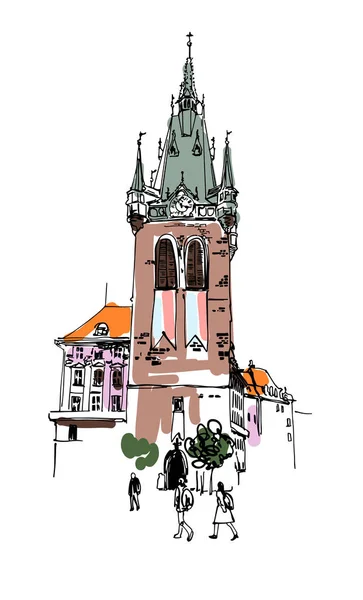 Digital ritning av ett historiskt torn i Prag — Stock vektor