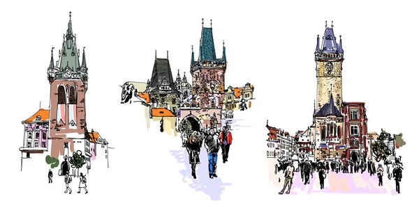 Set van drie Praag landmark schets tekening geïsoleerd op wit, — Stockvector