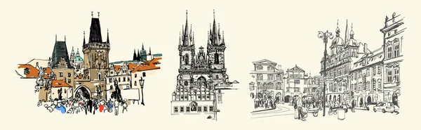 Ensemble de trois Prague croquis historique dessin isolé — Image vectorielle