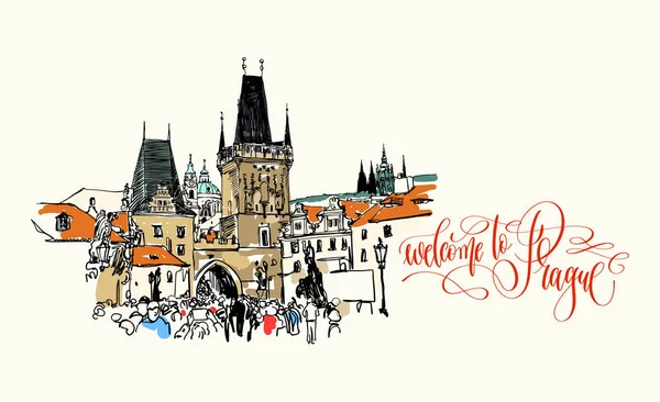 Welkom bij Praag - reizen kaart met Charles Bridge toren — Stockvector