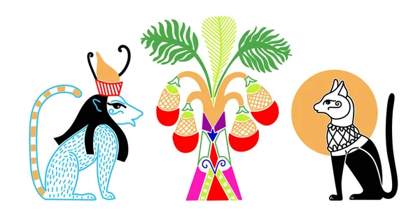 Motif égyptien avec deux dieu animal et palmier à fruits — Image vectorielle
