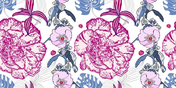 シームレスな花柄、現実的な花スケッチ描画 — ストックベクタ