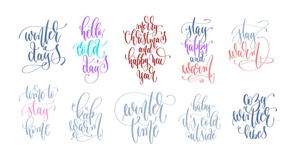 Set van 10 hand belettering inscriptie tekst winter vakantie desi — Stockvector