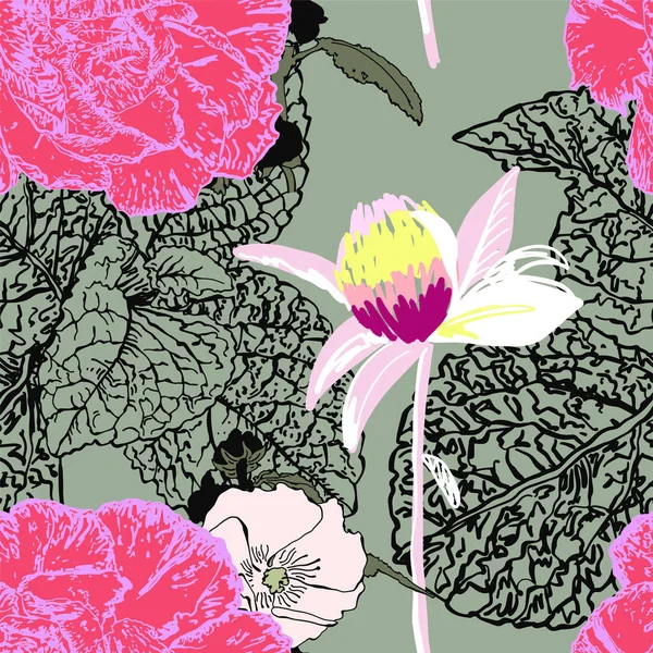 Motif floral sans couture avec un design floral réaliste — Image vectorielle