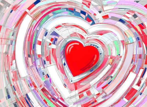 Pittura astratta sfondo di cuore rosso in raggi rosa — Vettoriale Stock