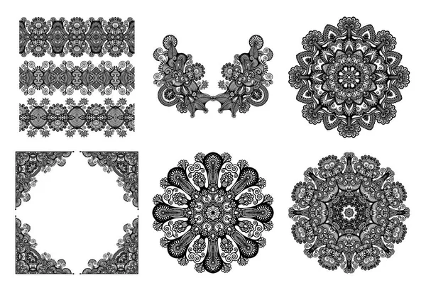 Set of original hand draw line art ornate flower design — Stock Vector