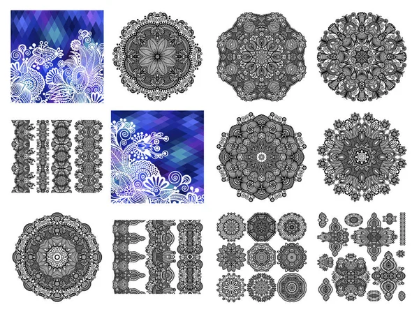 Set van cirkel kant ornament, ronde decoratieve geometrische kleedje patroon — Stockvector