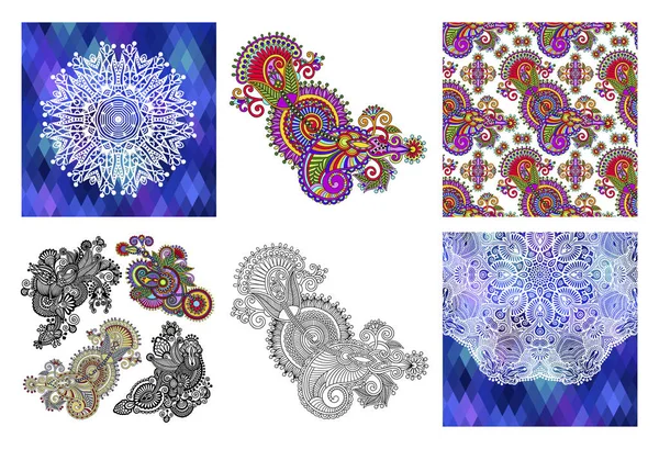 Набор оригинальной линии искусства украшенный цветок дизайн и круг декоративные геометрические салфетки — стоковый вектор