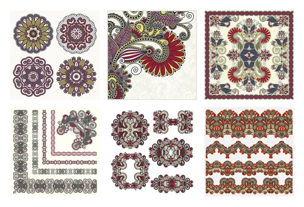 Conjunto de design paisley floral tradicional kalamkari ornamental —  Vetores de Stock