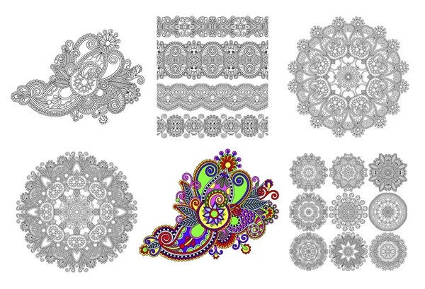 Ensemble d'art de ligne originale conception de fleurs ornées et cercle motif napperon géométrique ornemental — Image vectorielle