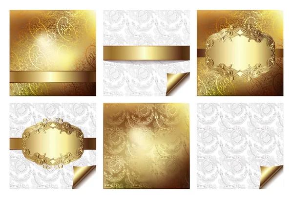 Set of light floral background with gold ribbon — Stock Vector
