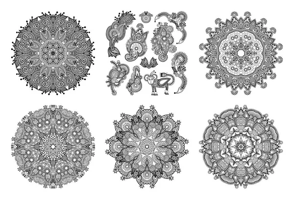 Set van cirkel kant ornament, ronde decoratieve geometrische kleedje patroon in Indiase kalamkari stijl — Stockvector