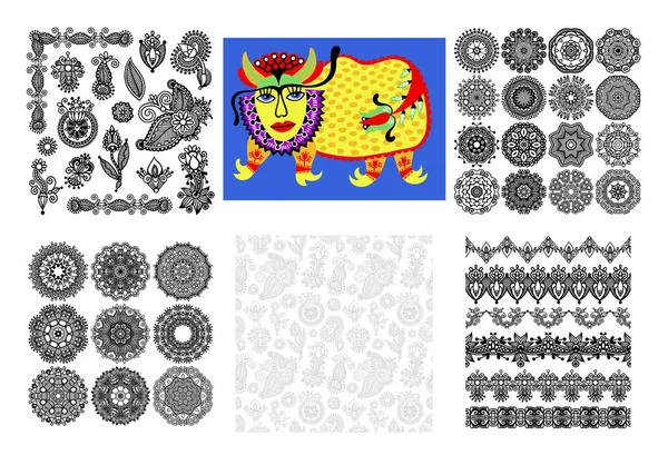 Conjunto de adorno de encaje círculo, patrón de tapete geométrico ornamental redondo — Vector de stock