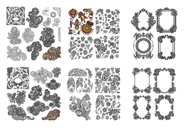 Set of black line art ornate flower design collection, ukrainian ethnic style — Stock Vector