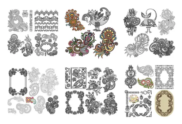 Conjunto de colección de diseño de flores ornamentadas línea de arte negro — Archivo Imágenes Vectoriales