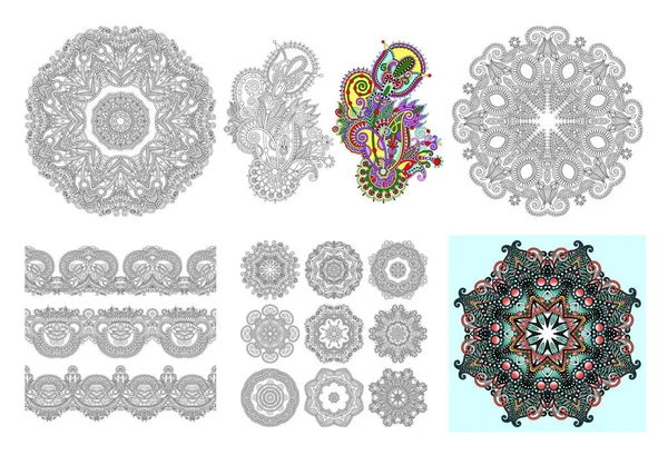 Set van cirkel kant ornament, ronde decoratieve geometrische kleedje patroon — Stockvector