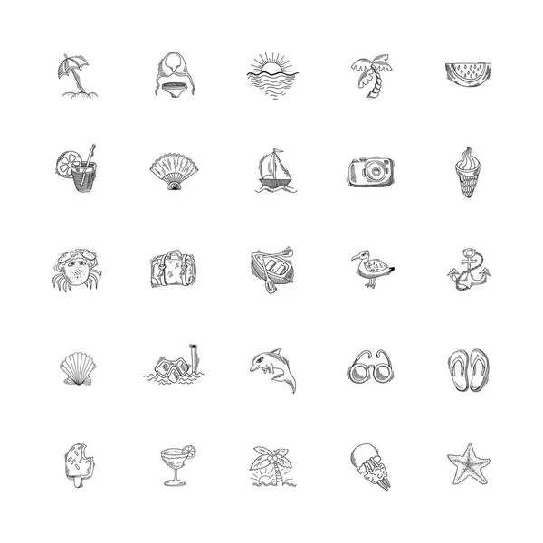 Set of 25 hand drawing sketch icons summer themed — Stock Vector