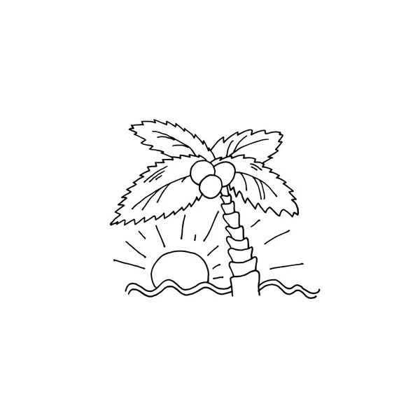Palme auf dem Ozean bei Sonnenuntergang Skizze Zeichensymbol — Stockvektor