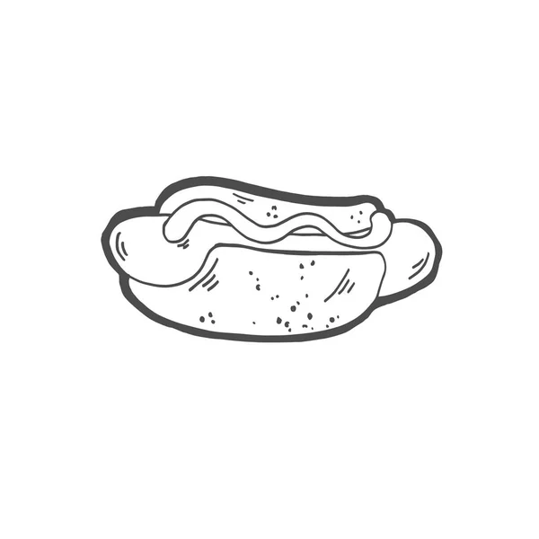 Schets tekening doodle icoon van hotdog met mosterd — Stockvector