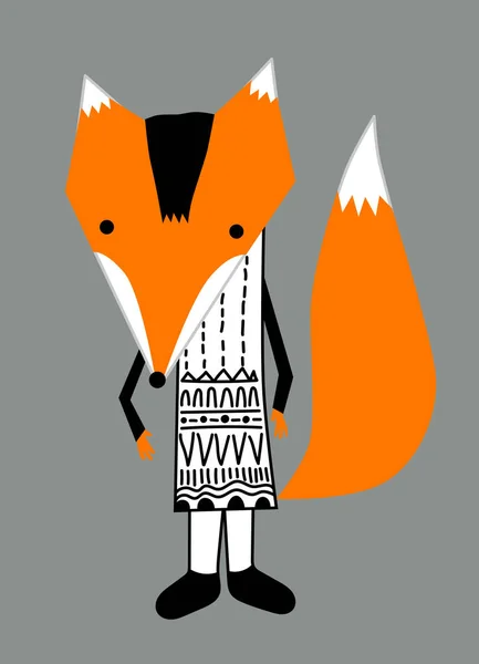 Orangefarbener Fuchs im schwarz-weißen Grafikkleid, handgezeichnete Figur — Stockvektor