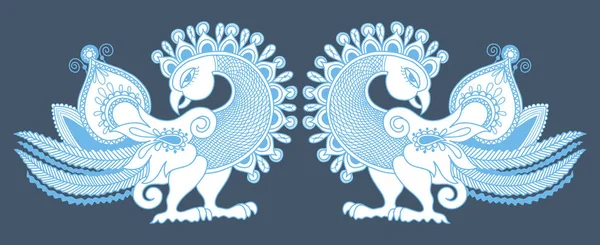 Dibujo de paisley peacock bird, estilo kalamkari de tradición india — Vector de stock