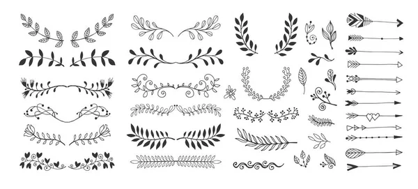 Conjunto de divisores de página de dibujo a mano bordes y flecha, doodle elementos de diseño floral — Archivo Imágenes Vectoriales