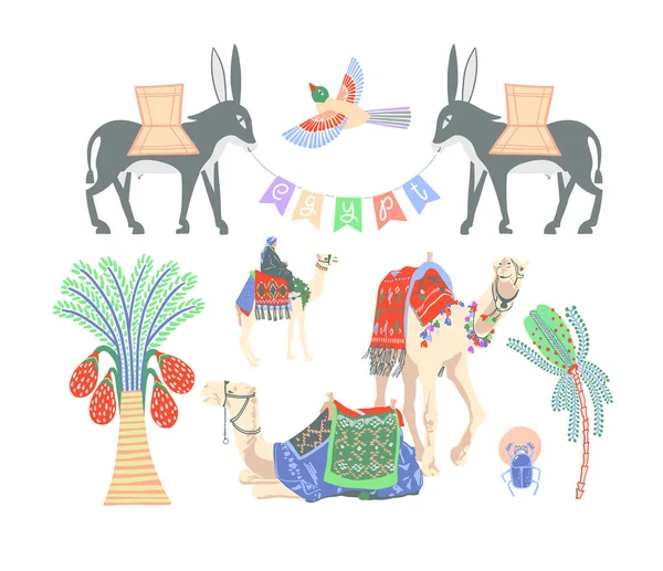 Ensemble de symboles égyptiens chameaux, palmiers, ânes et scarabées — Image vectorielle
