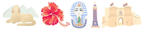 5エジプトのアイコン偉大なシンボルのセット-ピラミッドとスフィンクス、ハイビスカス、ファラオの仮面 — ストックベクタ