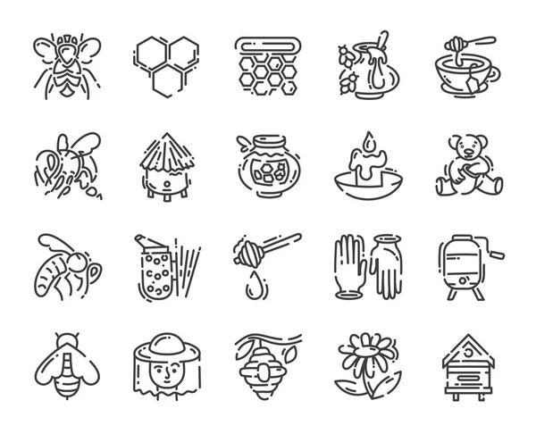 Conjunto de simple línea plana icono de arte sobre apicultura y diseño pictograma colmenar — Archivo Imágenes Vectoriales