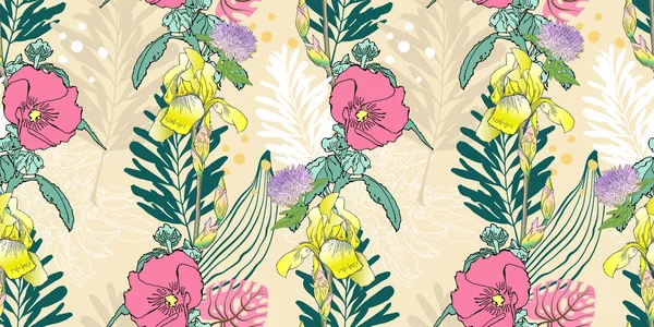 Original patrón de flores artísticas sin costuras de moda, hermoso fondo exótico floral tropical — Vector de stock