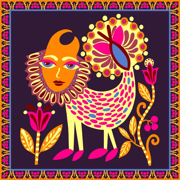 Diseño original de alfombra ucraniana con animales de fantasía y flores, patrón tribal étnico brillante — Vector de stock