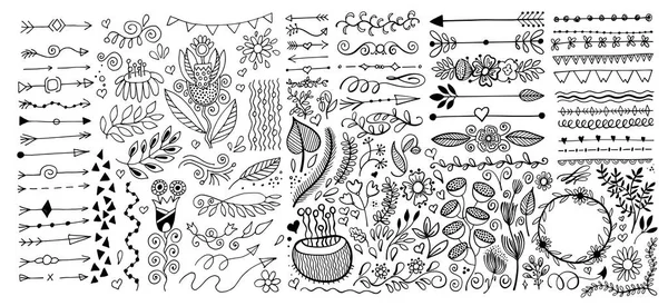 Zestaw rysunek obramowania dzielniki strony i strzałek, doodle kwiatowy wzór elementów — Wektor stockowy