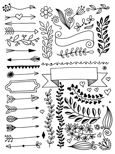 Set di mano disegno pagina divisori bordi e freccia, doodle elementi di design floreale — Vettoriale Stock