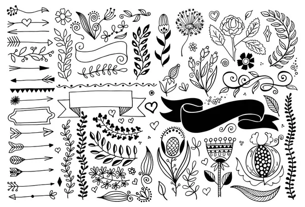 Conjunto de mão desenho página divisores bordas e seta, doodle elementos de design floral — Vetor de Stock