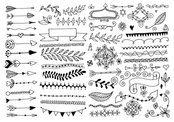 Conjunto de mão desenho página divisores bordas e seta, doodle —  Vetores de Stock