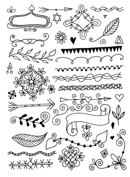 Set di mano disegno pagina divisori bordi e freccia doodle — Vettoriale Stock