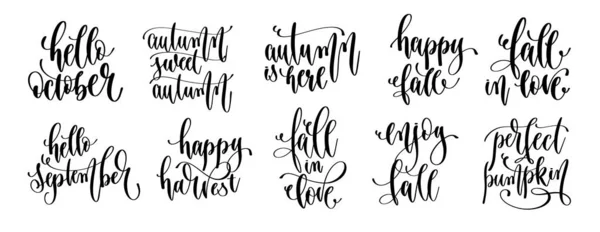 Set of 10 autumn quotes, hand lettering inscription text — Stock Vector