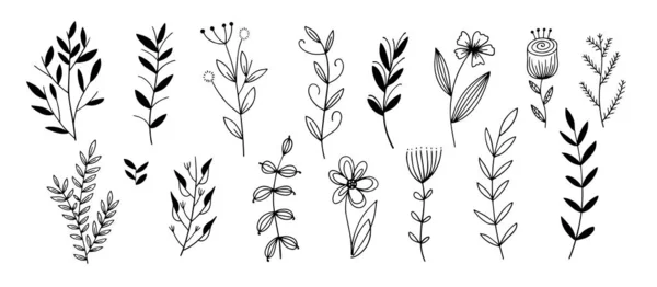 Pequenos galhos e florais para tatuagem minúscula, desenho à mão esboço do doodle — Vetor de Stock