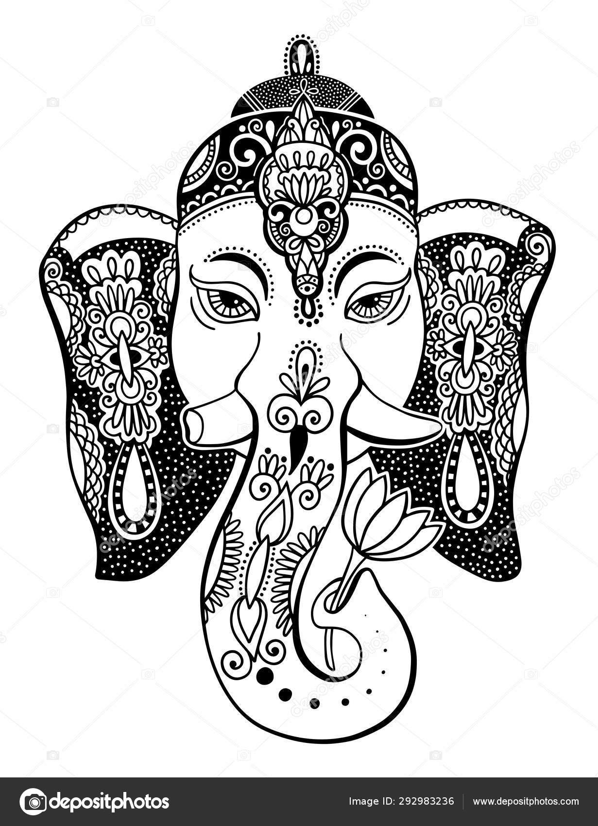 Cabeça de ganesha de senhor com desenho de lótus - elefante animal de  espírito indiano Vetor de stock de ©karakotsya 292983236, image size:1231x1700