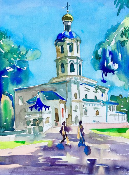 Original watercolor european landscape painting from town Chernigiv in Ukraine Royalty Free Stock Images