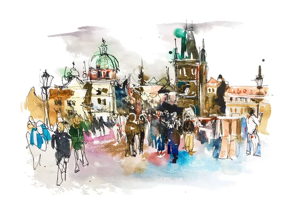 Aquarelle originale peinture de paysage européen Prague République tchèque paysage supérieur pour livre de voyage ou affiche — Image vectorielle