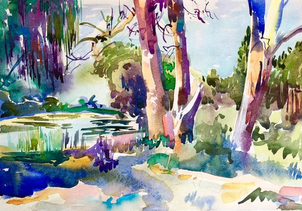 Akvarell festmény a vidéki táj, Plein Air Aquarelle színes vidék — Stock Fotó