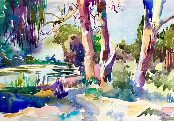 Watercolor painting of rural landscape, plein air aquarelle colorful countryside Royalty Free Stock Images