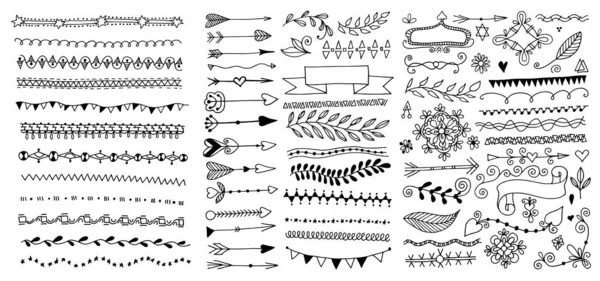 Conjunto de divisores de página de dibujo a mano bordes y flecha, doodle elementos de diseño floral — Vector de stock