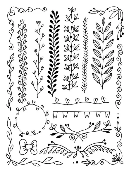 Conjunto de dibujo a mano divisor de página de garabato, borde, esquina en estilo floral garabato — Archivo Imágenes Vectoriales